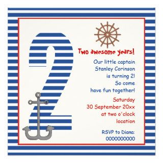 Nautical blue, white sailboat 2nd birthday party custom invitations