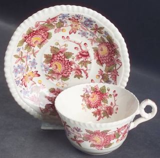 Spode Aster Red (Gadroon) Flat Cup & Saucer Set, Fine China Dinnerware   Gadroon
