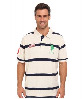 U.S. Polo Assn Stripe Short Sleeve Pique Polo with Big Pony Logo Mens Short Sleeve Pullover (Beige)
