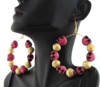 2 Pairs of Basketball Wives Alternating Dark Pink Skulls & Gold Beads Style 2 Inch Dangling Hoop Earrings Poparazzi Jewelry