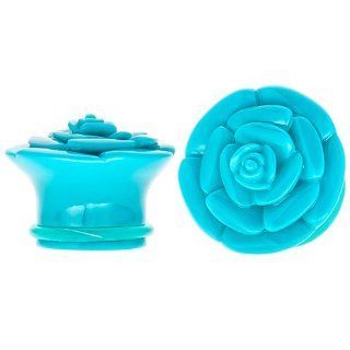 2 Gauge (6mm) Single Flared Teal Blue Rose Acrylic Plugs   Pair FreshTrends Jewelry