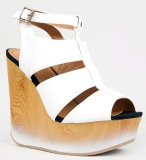 Qupid CAFE 03A Cut Out Strappy Platform Wooden Wedge Heel Sandal Shoes