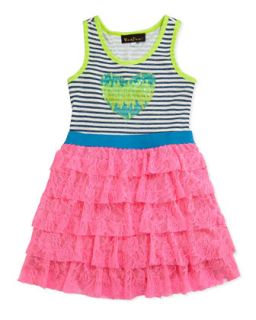 Sequin Heart Tiered Lace Combo Dress, Blue/Pink, Sizes 4 6X
