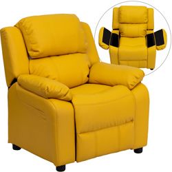 Deluxe Heavily Padded Contemporary Yellow Vinyl Kids Recliner With Storage Arms