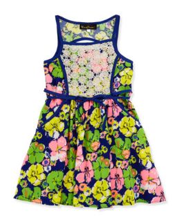 Daisy Lace Inset Floral Print Dress, Blue, Sizes 4 6X