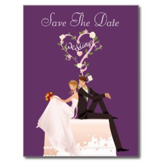 Bride & Groom Sitting on Cake Purple Save The Date Post Cards