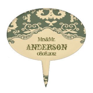 Green beige vintage country wedding customizable oval cake pick