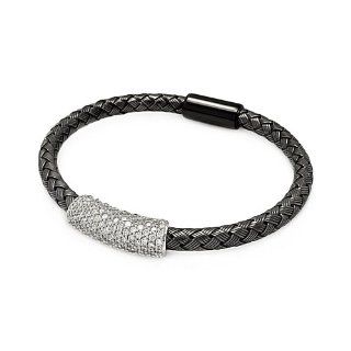 .925 Sterling Silver Black Rhodium Plated Braided Italian Bracelet Band with Rhodium Plated Pave CZ Bar Center   7" Inches Goldenmine Jewelry