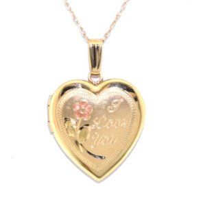14K Yellow Gold Floral I Love You Heart Locket Pendant Jewelry