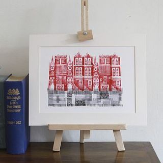 little red city linocut print by a pair of blue eyes
