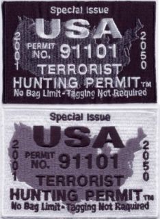 Terrorist Hunting Permit Logo Embroidered Iron on / Sew on Patch (Black) Clothing