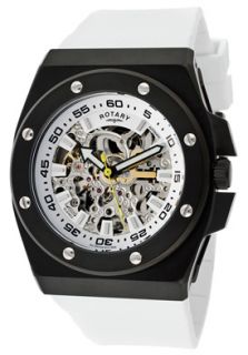 Rotary 612C  Watches,Mens Editions Automatic Skeletonized Silver/White Dial Black IP Case White Rubber, Casual Rotary Automatic Watches