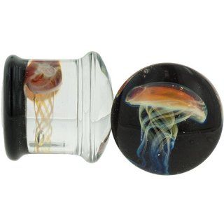 Pair of Glass Double Flared Amber Purple Jellyfish Plugs 7/16" Black Glasswear Studios Jewelry