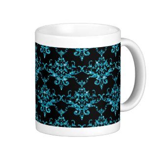Glitter black light blue damask pattern coffee mugs