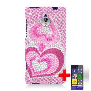 HTC 8XT (Sprint) 2 Piece Snap On Rhinestone/Diamond/Bling Case Cover, Pink/Silver Repeating Heart Design Cover + LCD Clear Screen Saver Protector Cell Phones & Accessories