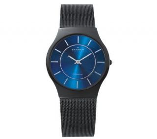 Skagen Mens Blue Dial Titanium Mesh Bracelet Watch —