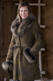 Women's Ember Belted Sheepskin Coat with Raccoon Fur Trim, ANTIQUE, Size XXLARGE (16/18) Outerwear