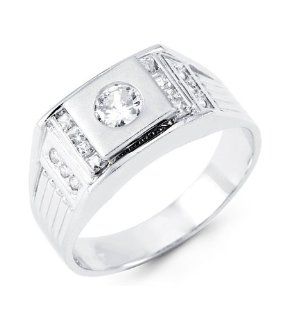 Mens Solid 14k White Gold Round CZ Rectangle Crown Ring Jewelry