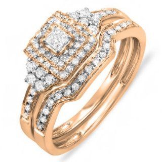 0.55 Carat (ctw) 14k Gold Princess & Round Diamond Ladies Bridal Engagement Ring With Band Set 1/2 CT Jewelry