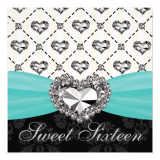 Aqua Diamond Heart Sweet Sixteen Invitations