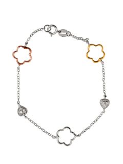 Tri Color Flower & CZ Heart Station Bracelet by Genevive Jewelry
