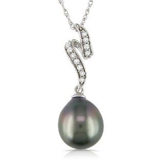10k White Gold Black Tahitian Cultured Pearl with Diamond Accent Pendant Necklace (1/10 Cttw, H I Color, I2 I3 Clarity), 17" Jewelry