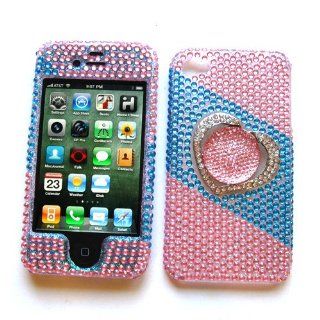 Apple iPhone 4 & 4S Snap on Protector Hard Case Rhinestone Cover "Silver Diamond Heart with Gem, Pink & Blue" Design Cell Phones & Accessories