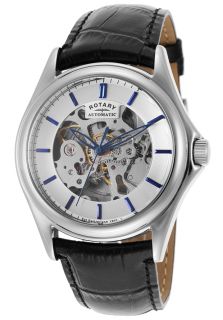 Rotary GS03357 06  Watches,Mens Automatic Black Genuine Leather Skeletonized Silver Tone Dial, Casual Rotary Automatic Watches