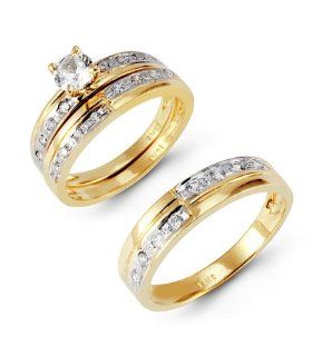 14k Two Tone Half and Half Band CZ Wedding Ring Trio Jewelry