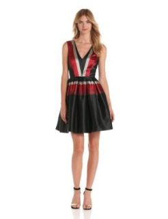 Zac Zac Posen Women's Large Stripe Faille V Neck Sleeve Dress, Black/Red/Taupe, 10