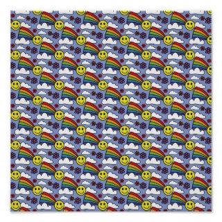 Rainbow Smiley Face and Flowers Hippie Pattern Print