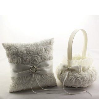 Remedios Boutique 2 piece Set of Allover Rosette Satin Flower Girl Basket and Ring Bearer Pillow in White  