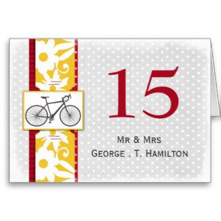 red polka dots bicycle wedding table numbers greeting cards