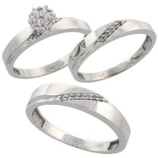 10k White Gold Diamond Trio Engagement Wedding Ring Set for Him and Her 3 piece 4.5 mm & 3.5 mm wide 0.13 cttw Brilliant Cut, ladies sizes 5   10, mens sizes 8   14 Jewelry
