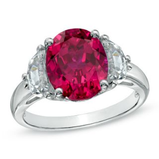 Oval Lab Created Ruby and White Sapphire Three Stone Ring in 10K White