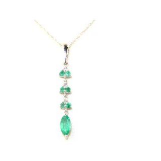 9K White Gold Marquise Shape Emerald & Diamond Drop Pendant & 18" Chain Necklace Jewelry