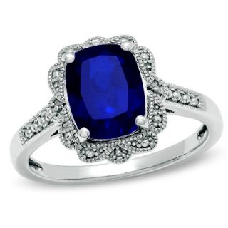 Cushion Cut Lab Created Sapphire Vintage Style Ring in Sterling Silver