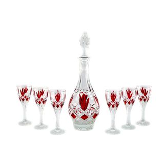 7 piece Red Trim Bottle and Glass Liquor Set Beverage Serving Sets