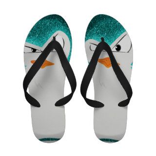 Angry Penguin Teal Glitter Photo Print Flip Flops