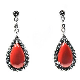 Marcasite with Red Carnelian Earrings, Size 40mm Dangle Earrings Jewelry