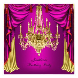 Birthday Party Pink Gold Chandelier Drapes Custom Invitations