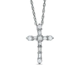 CT. T.W. Round and Baguette Diamond Cross Pendant in 10K White