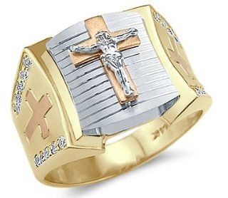 Solid 14k Tri Color Gold Mens Large Cross Crucifix Ring Jewelry