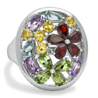 Multi Semi Precious Gemstone Flower Cluster Ring in Sterling Silver