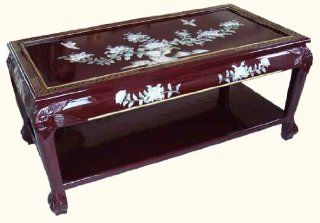 Oriental Coffee Table with Shelf, Inlaid Pearl, French Red  