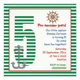 Nautical green, white sailboat 5th birthday party invites