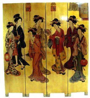 Oriental floor screen or room divider with Geisha design   Double sided hand painting   Four panels Each 16" by 72" Total dimensions 64" W. x 72" H.  