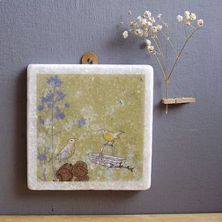 songthrush and trug decorative marble tile by littlebirdydesigns