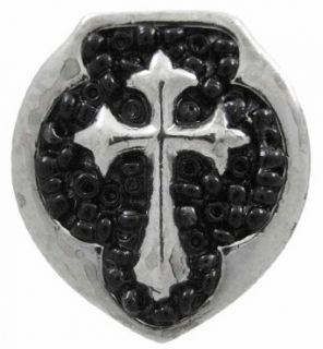 Large Pewter & Black Bead Christian Cross Stretch Ring Clothing
