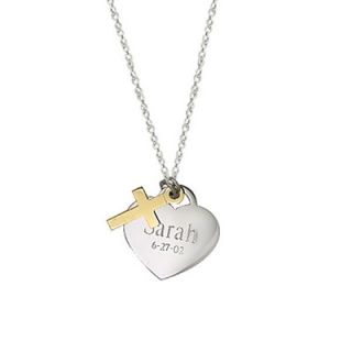Heart Name and Date Pendant with Cross Charm in Sterling Silver and
